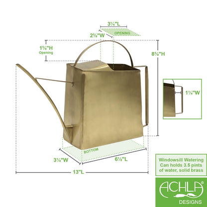 ACHLA Windowsill Watering Can 13in | Brushed Brass Solid Metal | Indoor Plant & Terrarium Watering | Model WC-08