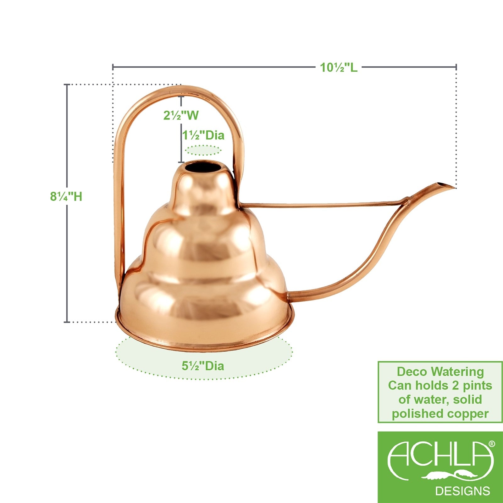 ACHLA Deco Watering Can | Copper Plated Stainless Steel | Indoor Plant Watering & Retro Decor | 8.25 in H, 1 Quart | Model WC-17