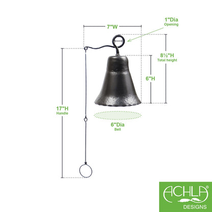 ACHLA Wrought Iron Bell, Medium 6in | Rustic Hand-Forged Iron | Outdoor Doorbell & Garden Decor | 6 x 6 x 8.75 in | Model WIB-02