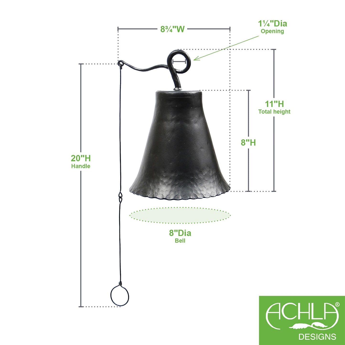 ACHLA Wrought Iron Bell Large | Hand-Forged Graphite Powder Coat | Outdoor Garden Doorbell & Dinner Bell | 8 x 8 x 12 in | Model WIB-03
