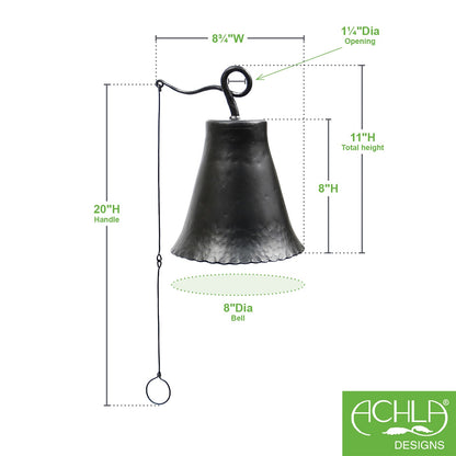 ACHLA Wrought Iron Bell Large | Hand-Forged Graphite Powder Coat | Outdoor Garden Doorbell & Dinner Bell | 8 x 8 x 12 in | Model WIB-03