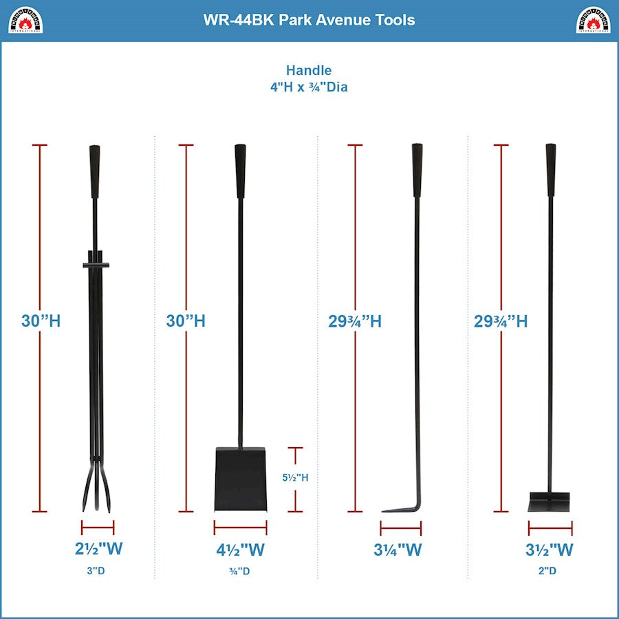 ACHLA Park Avenue Fireplace Tool Set | Black Cast and Wrought Iron | Living Room & Hearth Accessory | 8 x 11 x 32 in | Model WR-44BK