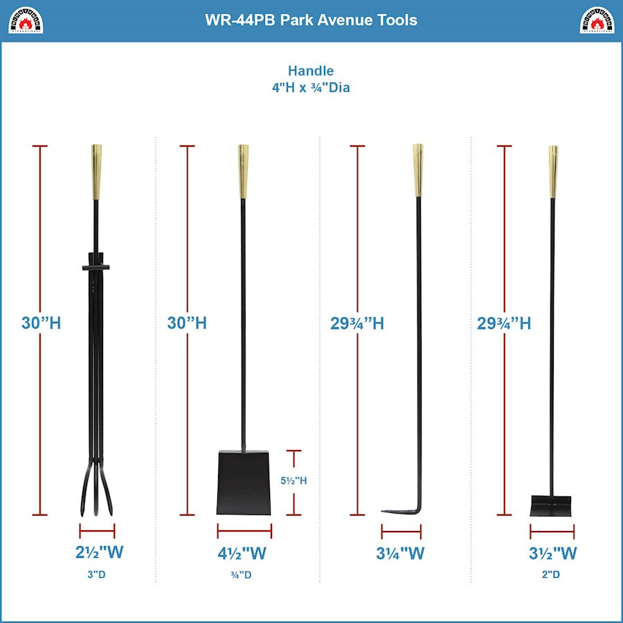 ACHLA Park Avenue Fireplace Tool Set | Contemporary Cast Iron with Polished Brass Accents | Living Room Hearth & Fireplace | Model WR-44PB