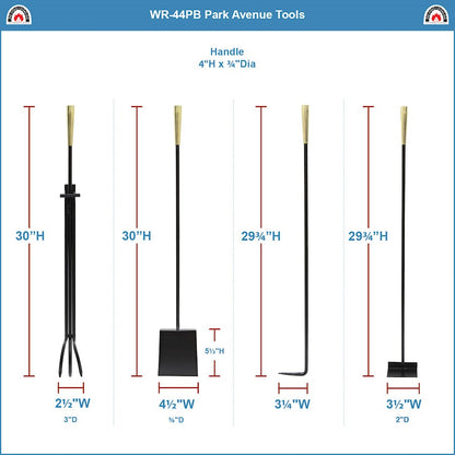 ACHLA Park Avenue Fireplace Tool Set | Contemporary Cast Iron with Polished Brass Accents | Living Room Hearth & Fireplace | Model WR-44PB