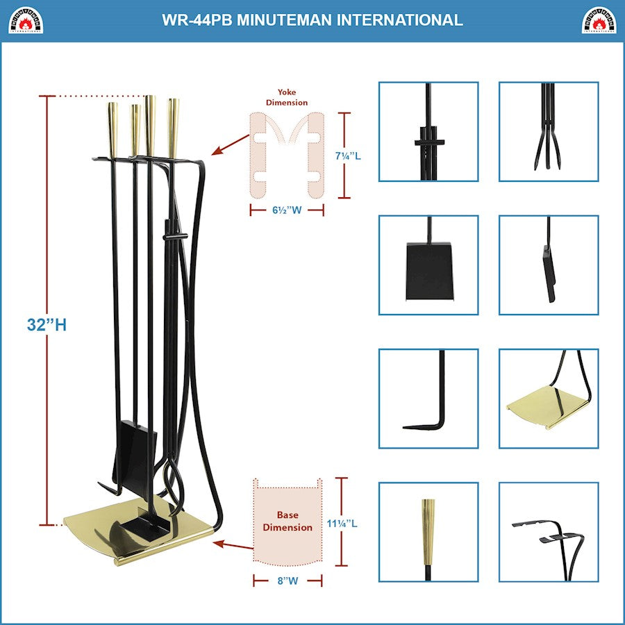 ACHLA Park Avenue Fireplace Tool Set | Contemporary Cast Iron with Polished Brass Accents | Living Room Hearth & Fireplace | Model WR-44PB