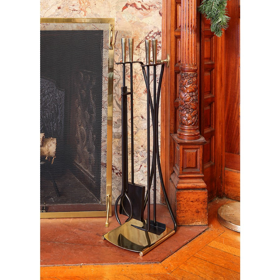 ACHLA Park Avenue Fireplace Tool Set | Contemporary Cast Iron with Polished Brass Accents | Living Room Hearth & Fireplace | Model WR-44PB