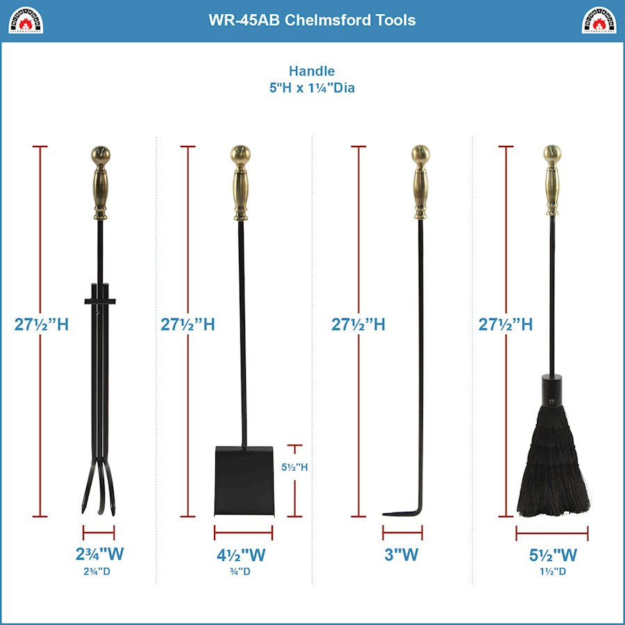 ACHLA Chelmsford Fireplace Tool Set | Antique Brass and Black Cast Iron | Living Room & Hearthside | 8 x 8 x 30 in | Model WR-45AB