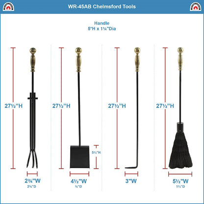 ACHLA Chelmsford Fireplace Tool Set | Antique Brass and Black Cast Iron | Living Room & Hearthside | 8 x 8 x 30 in | Model WR-45AB