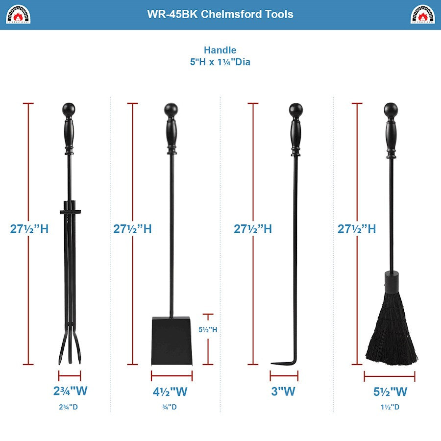 ACHLA Chelmsford Fireplace Tool Set | Black Cast Iron Ball-End Handles | Living Room & Hearth Accessory | 8 x 8 x 30 in, 4 Tools | Model WR-45BK