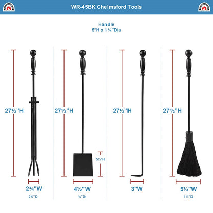 ACHLA Chelmsford Fireplace Tool Set | Black Cast Iron Ball-End Handles | Living Room & Hearth Accessory | 8 x 8 x 30 in, 4 Tools | Model WR-45BK