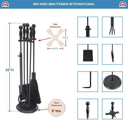 ACHLA Chelmsford Fireplace Tool Set | Black Cast Iron Ball-End Handles | Living Room & Hearth Accessory | 8 x 8 x 30 in, 4 Tools | Model WR-45BK
