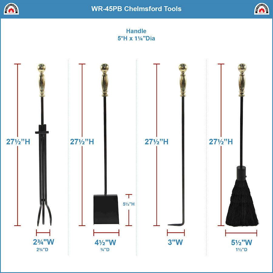 ACHLA Chelmsford Tool Set | Classic Ball-End Cast Iron Fireplace Tools | Living Room & Hearth Accessory | 8 x 8 x 30 in, 17 lbs | Model WR-45PB