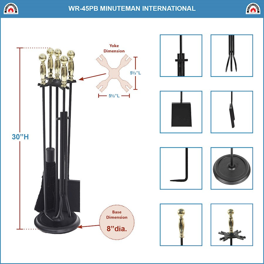 ACHLA Chelmsford Tool Set | Classic Ball-End Cast Iron Fireplace Tools | Living Room & Hearth Accessory | 8 x 8 x 30 in, 17 lbs | Model WR-45PB