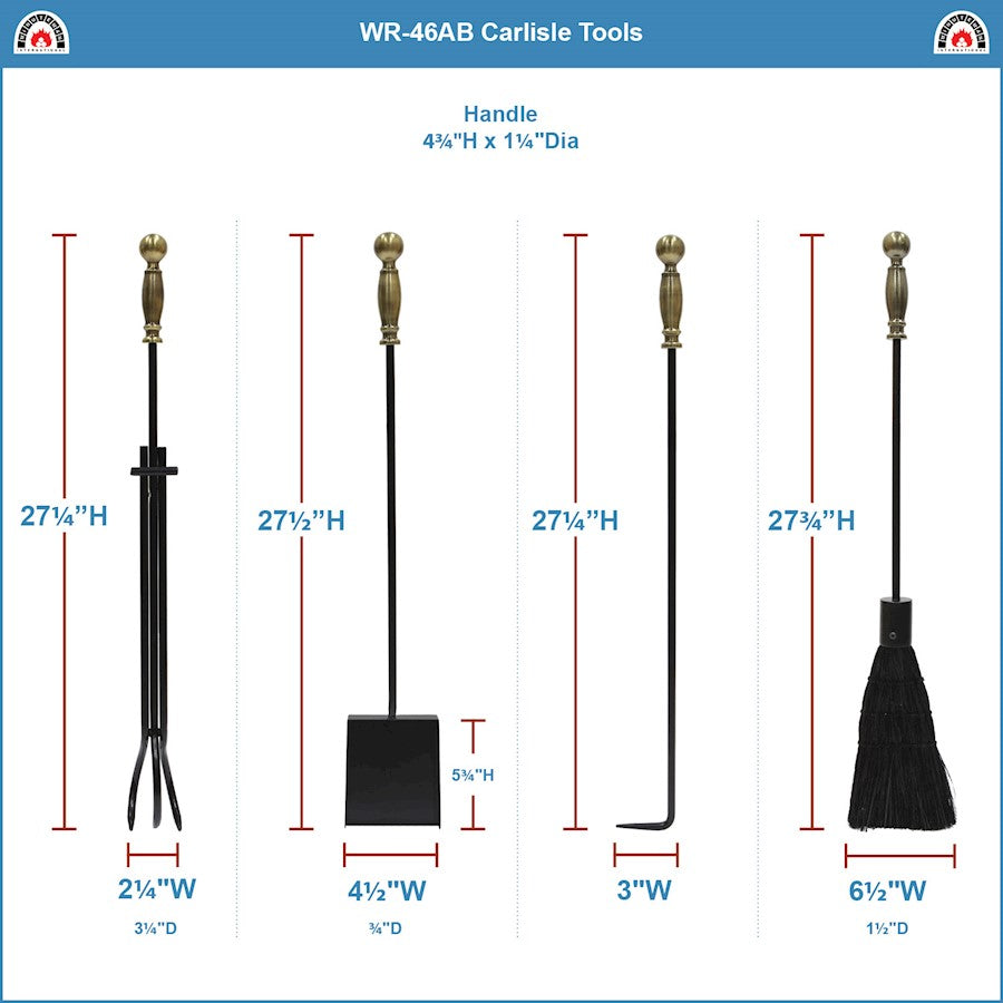 ACHLA Carlisle Tool Set | Traditional Cast Iron Fireplace Tool Set with Antique Brass Handles | Living Room & Hearth Accessory | Model WR-46AB