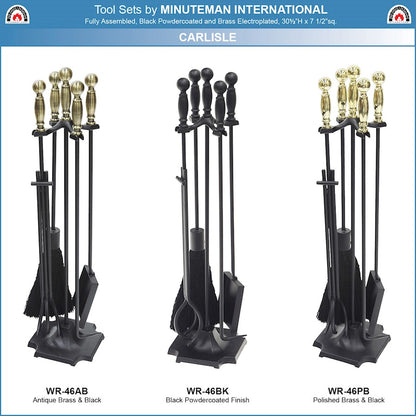 ACHLA Carlisle Tool Set | Traditional Cast Iron Fireplace Tool Set with Antique Brass Handles | Living Room & Hearth Accessory | Model WR-46AB
