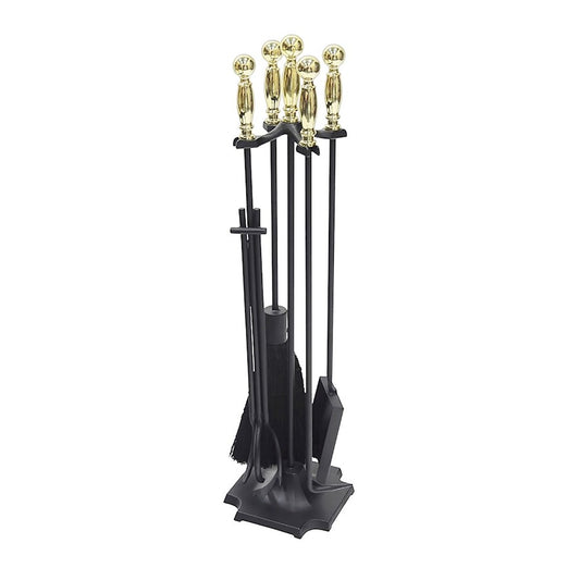 ACHLA Carlisle Tool Set | Polished Brass & Black Cast Iron | Fireplace Tool Set for Living Room & Hearth | 7.5 x 7.5 x 30.5 in | Model WR-46PB