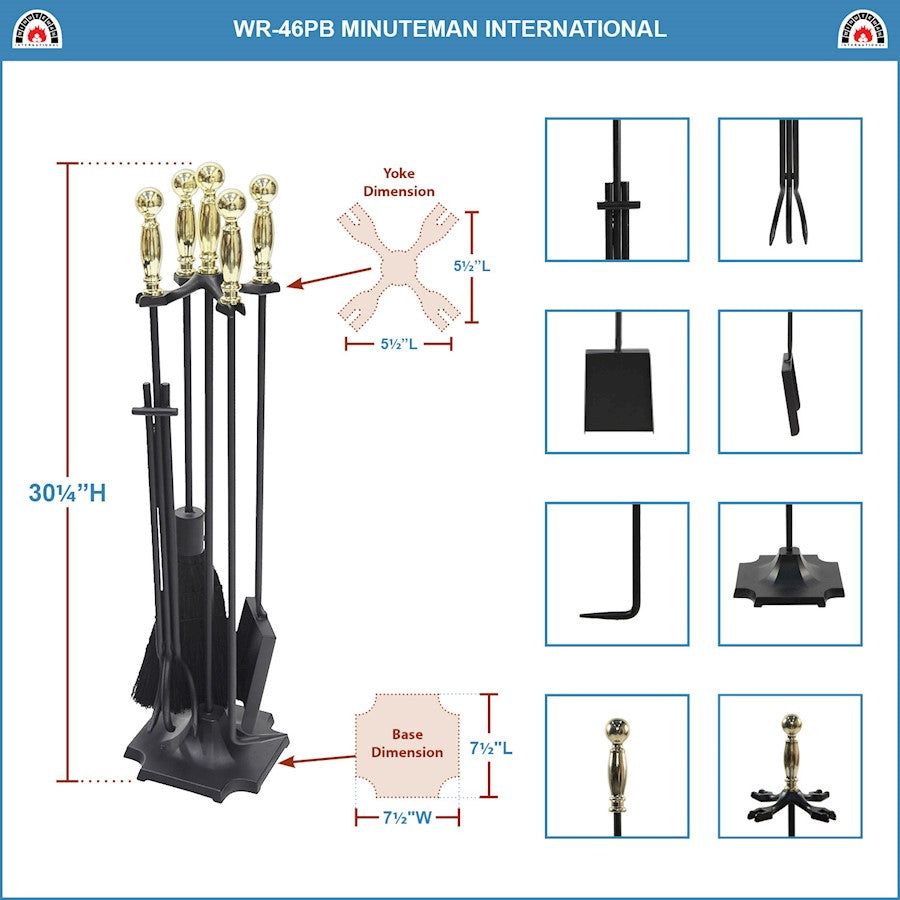 ACHLA Carlisle Tool Set | Polished Brass & Black Cast Iron | Fireplace Tool Set for Living Room & Hearth | 7.5 x 7.5 x 30.5 in | Model WR-46PB