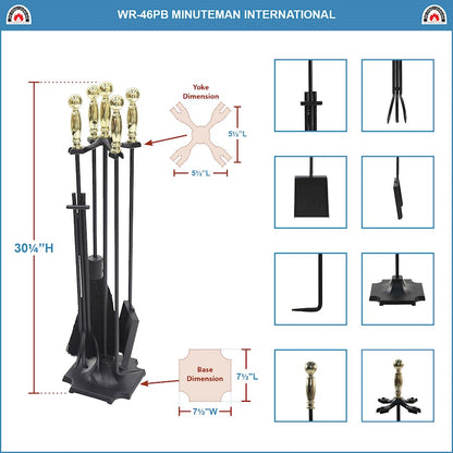 ACHLA Carlisle Tool Set | Polished Brass & Black Cast Iron | Fireplace Tool Set for Living Room & Hearth | 7.5 x 7.5 x 30.5 in | Model WR-46PB