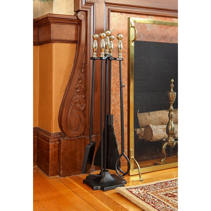 ACHLA Carlisle Tool Set | Polished Brass & Black Cast Iron | Fireplace Tool Set for Living Room & Hearth | 7.5 x 7.5 x 30.5 in | Model WR-46PB