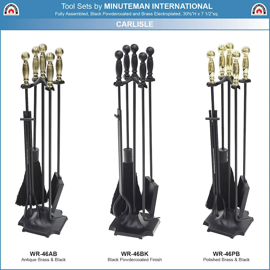 ACHLA Carlisle Tool Set | Polished Brass & Black Cast Iron | Fireplace Tool Set for Living Room & Hearth | 7.5 x 7.5 x 30.5 in | Model WR-46PB