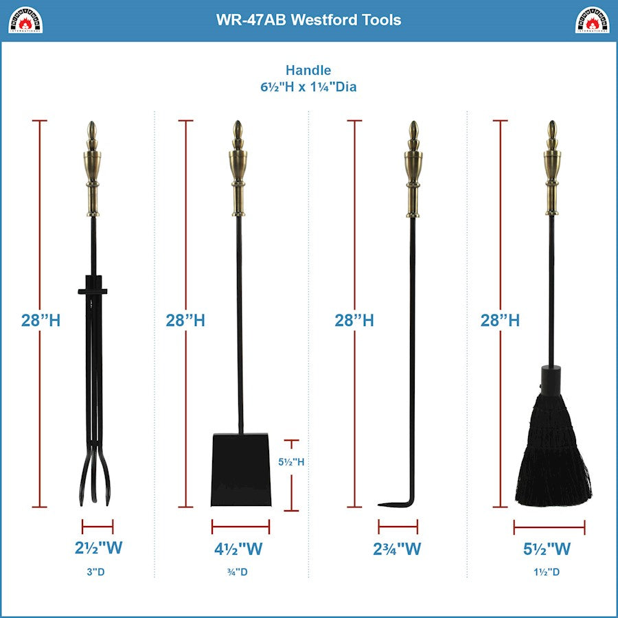 ACHLA Westford Fireplace Tool Set | Traditional Cast Iron with Antique Brass Handles | Living Room & Hearthside | 8 x 8 x 30 in | Model WR-47AB