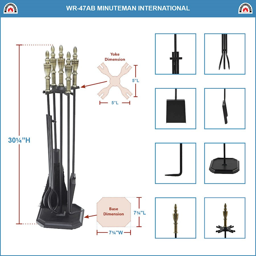 ACHLA Westford Fireplace Tool Set | Traditional Cast Iron with Antique Brass Handles | Living Room & Hearthside | 8 x 8 x 30 in | Model WR-47AB