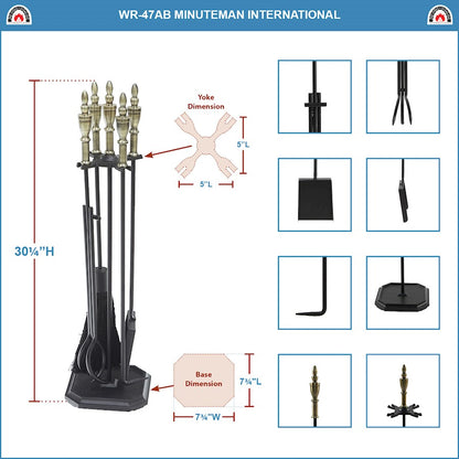 ACHLA Westford Fireplace Tool Set | Traditional Cast Iron with Antique Brass Handles | Living Room & Hearthside | 8 x 8 x 30 in | Model WR-47AB