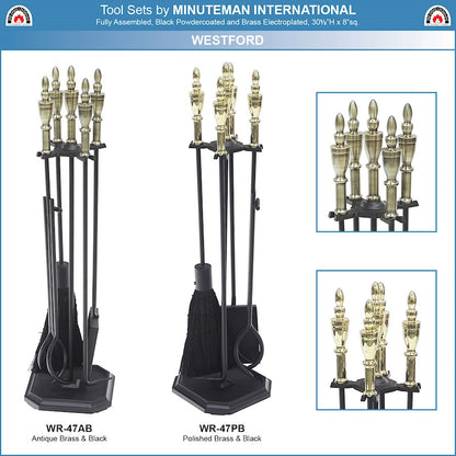 ACHLA Westford Fireplace Tool Set | Traditional Cast Iron with Antique Brass Handles | Living Room & Hearthside | 8 x 8 x 30 in | Model WR-47AB