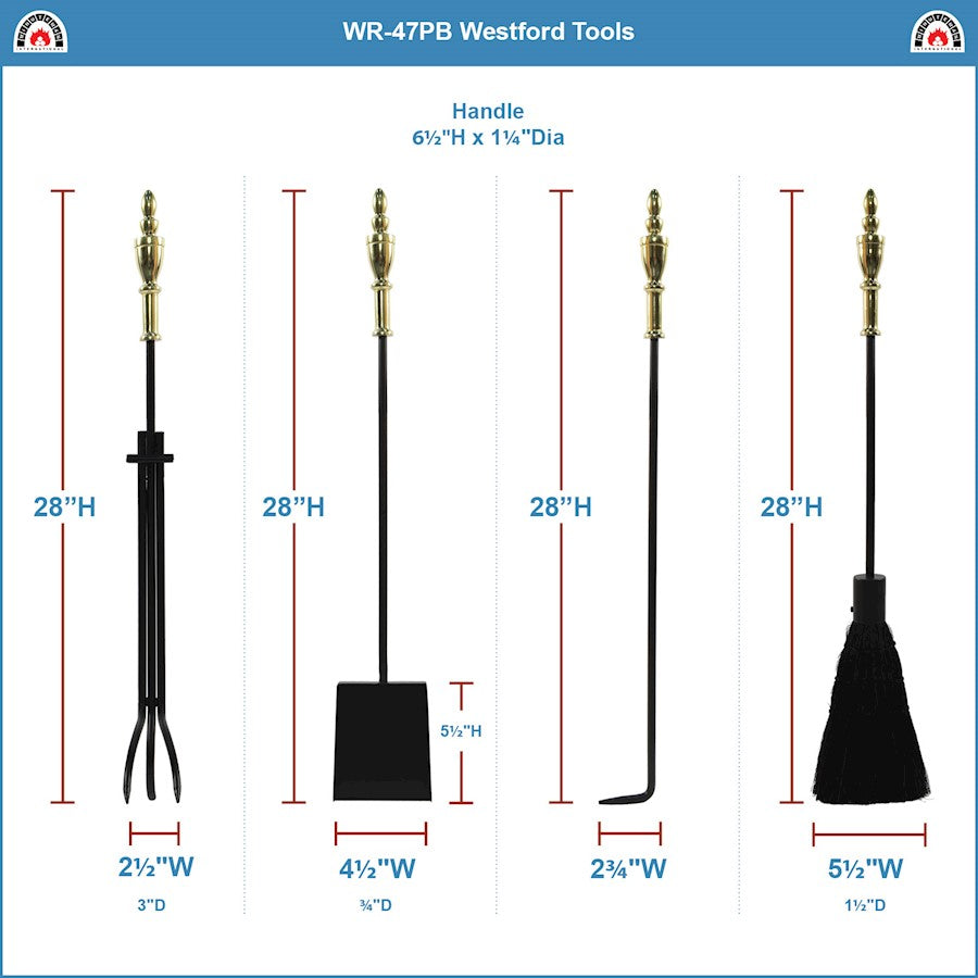 ACHLA Westford Fireplace Tool Set | Polished Brass and Black Cast Iron | Living Room & Hearth Accessory | 8 x 8 x 30 in | Model WR-47PB