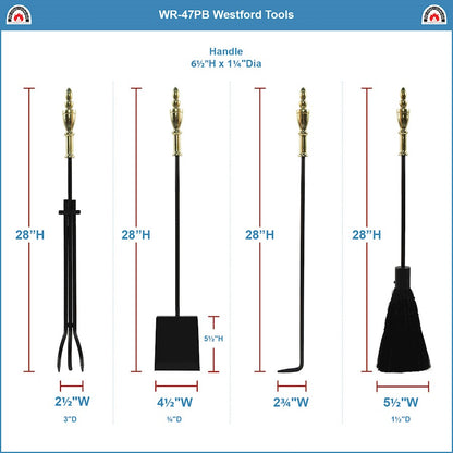 ACHLA Westford Fireplace Tool Set | Polished Brass and Black Cast Iron | Living Room & Hearth Accessory | 8 x 8 x 30 in | Model WR-47PB