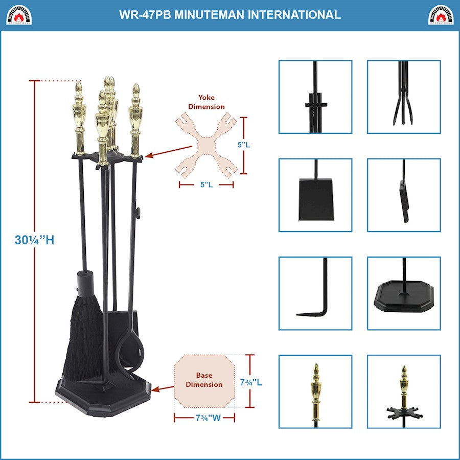 ACHLA Westford Fireplace Tool Set | Polished Brass and Black Cast Iron | Living Room & Hearth Accessory | 8 x 8 x 30 in | Model WR-47PB