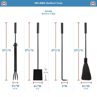 ACHLA Bedford 30in Fireplace Tool Set | Black Cast Iron and Zinc Handles | Living Room & Hearthside Fireplace | 8 x 8 x 30 in | Model WR-48BK