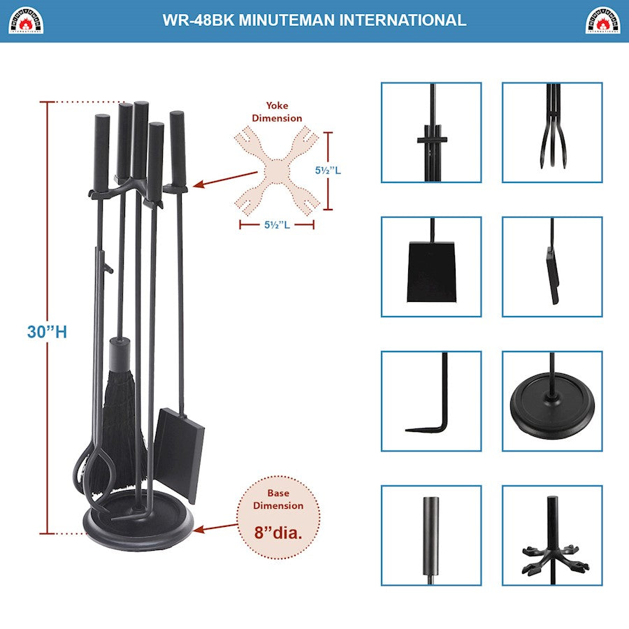 ACHLA Bedford 30in Fireplace Tool Set | Black Cast Iron and Zinc Handles | Living Room & Hearthside Fireplace | 8 x 8 x 30 in | Model WR-48BK