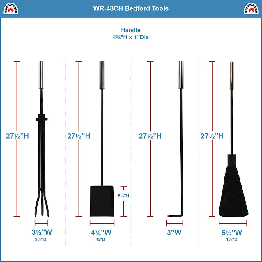 ACHLA Bedford Tool Set 30in Fireplace Tools & Stand | Contemporary Polished Chrome and Cast Iron | Living Room & Hearthside Fireplace | Model WR-48CH