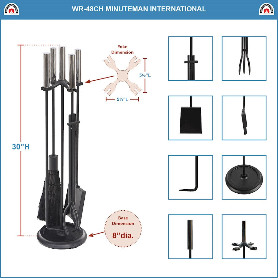 ACHLA Bedford Tool Set 30in Fireplace Tools & Stand | Contemporary Polished Chrome and Cast Iron | Living Room & Hearthside Fireplace | Model WR-48CH