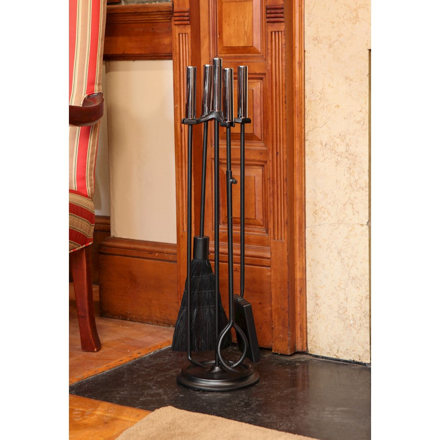 ACHLA Bedford Tool Set 30in Fireplace Tools & Stand | Contemporary Polished Chrome and Cast Iron | Living Room & Hearthside Fireplace | Model WR-48CH