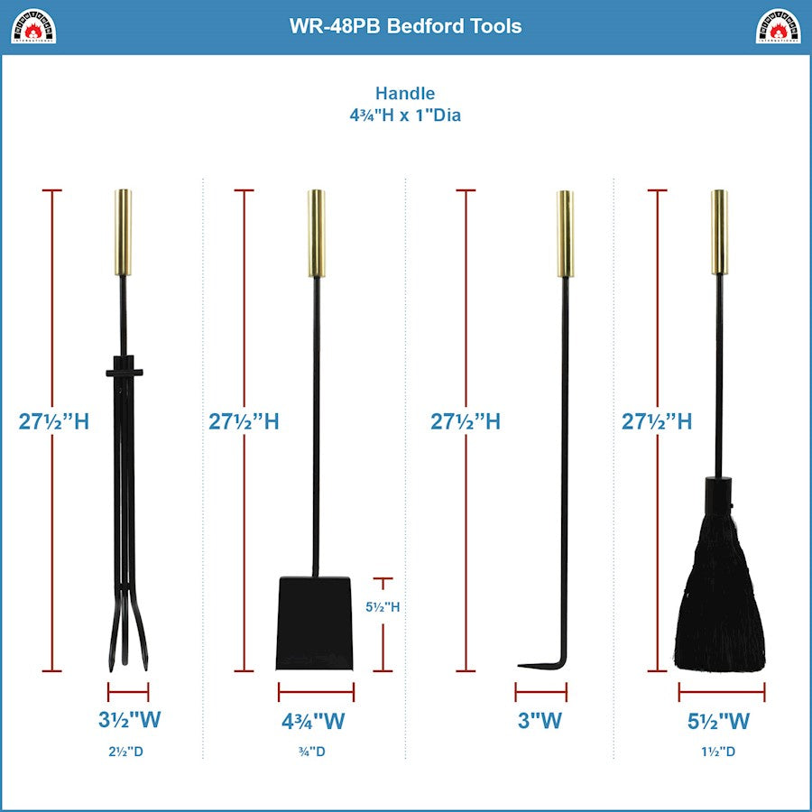 ACHLA Bedford Fireplace Tool Set | Polished Brass and Black Cast Iron | Living Room & Hearthside Fireplace Accessory | 8 x 8 x 30 in | Model WR-48PB