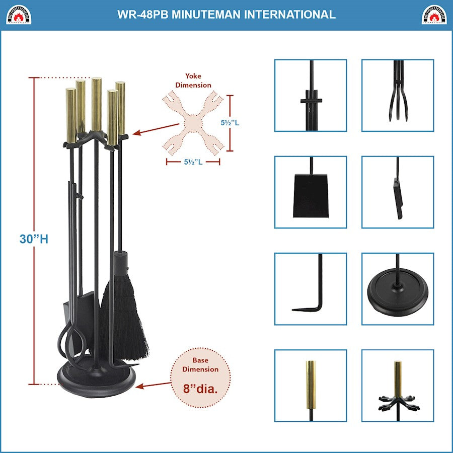 ACHLA Bedford Fireplace Tool Set | Polished Brass and Black Cast Iron | Living Room & Hearthside Fireplace Accessory | 8 x 8 x 30 in | Model WR-48PB