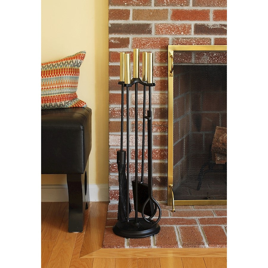 ACHLA Bedford Fireplace Tool Set | Polished Brass and Black Cast Iron | Living Room & Hearthside Fireplace Accessory | 8 x 8 x 30 in | Model WR-48PB