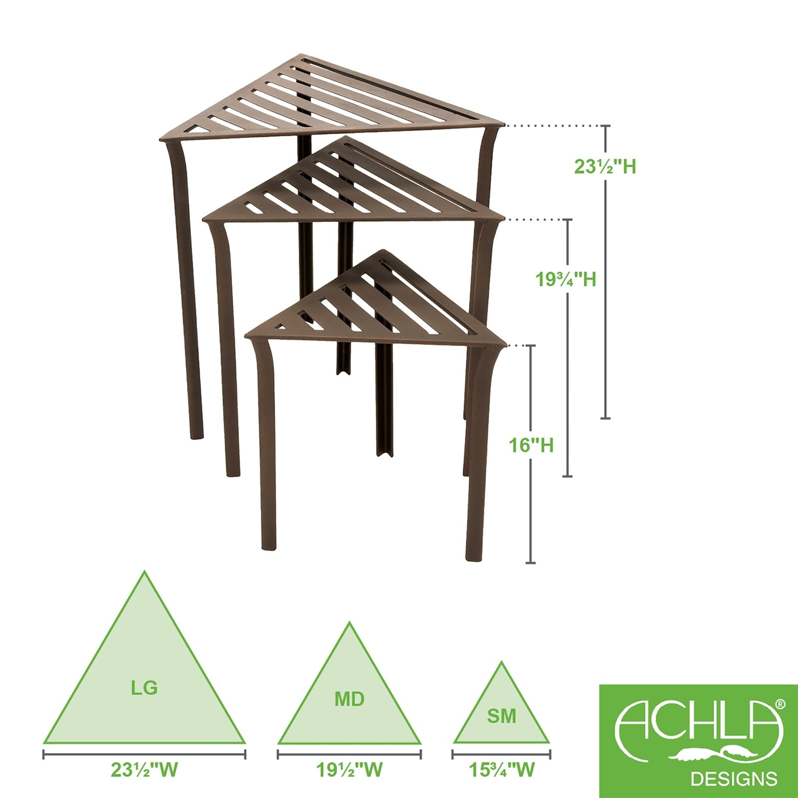 ACHLA Triangular Nesting Tables Set of 3 | Roman Bronze Wrought Iron | Outdoor Patio & Indoor Side Tables or Plant Stands | 16-24in H | Model WTN-01