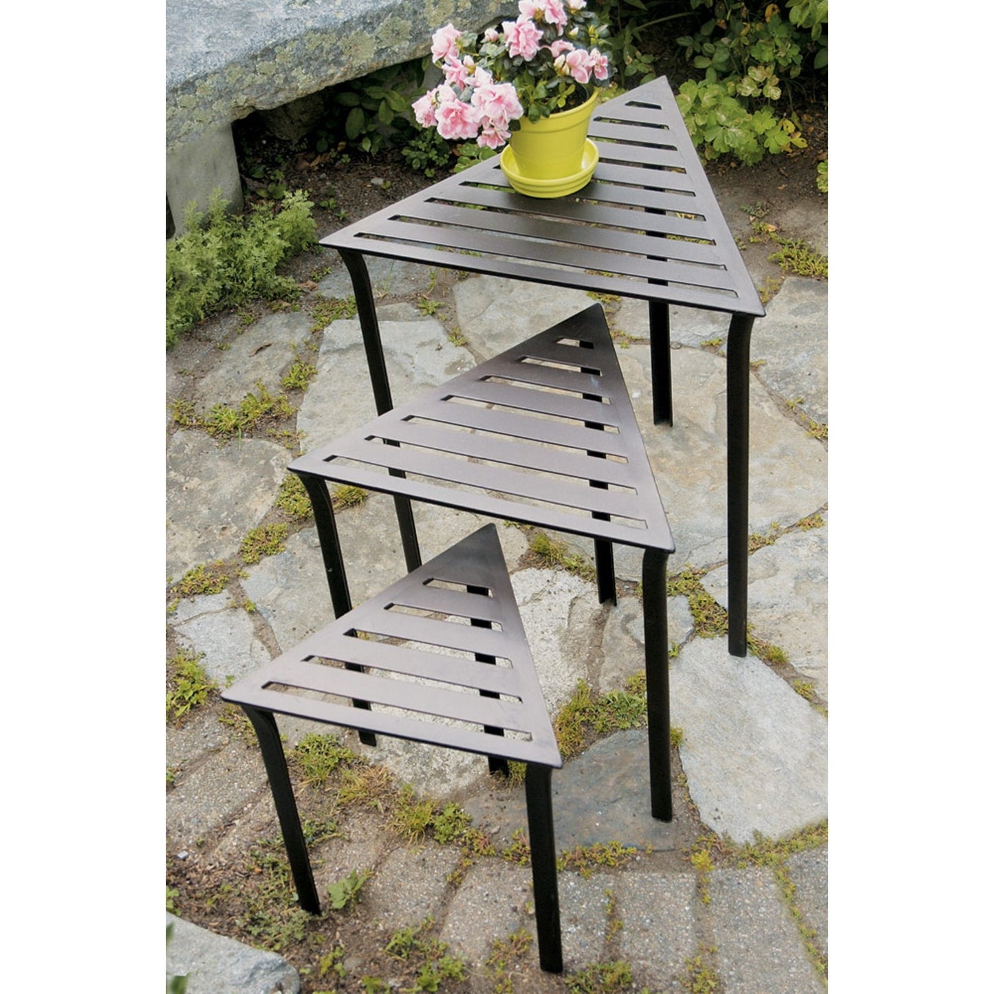 ACHLA Triangular Nesting Tables Set of 3 | Roman Bronze Wrought Iron | Outdoor Patio & Indoor Side Tables or Plant Stands | 16-24in H | Model WTN-01