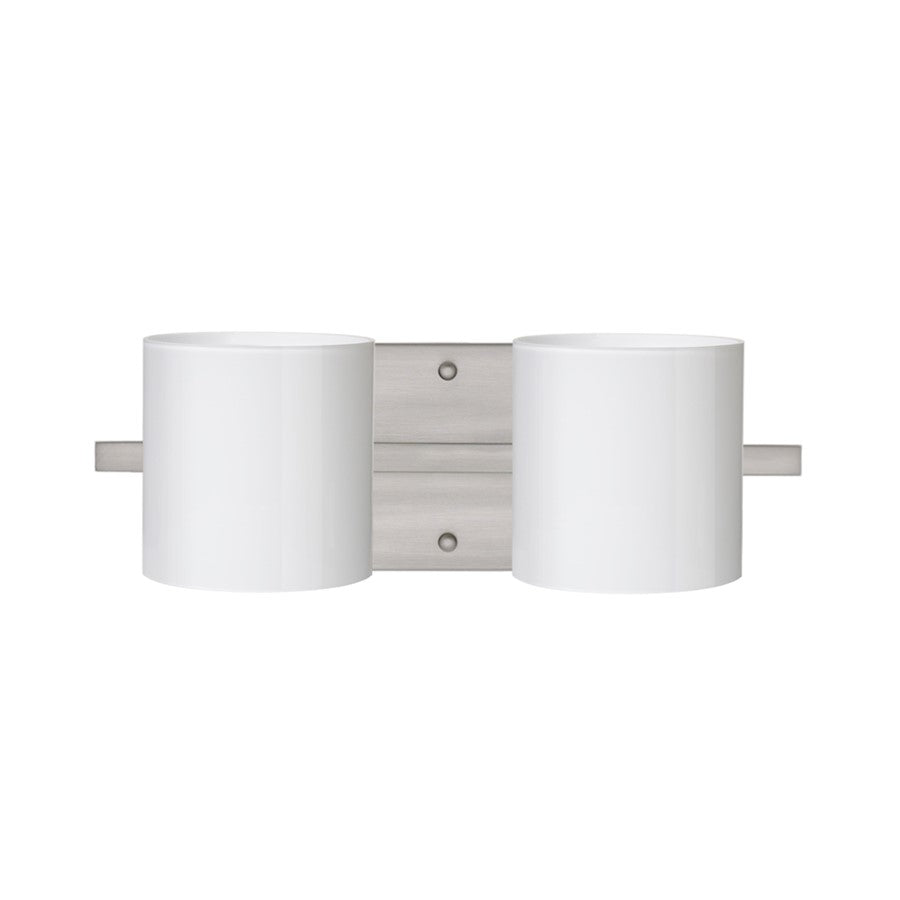 Besa Lighting Pogo 14in 2-Light Vanity | Contemporary Satin Nickel and White Opal Glass | Bathroom & Powder Room | 14 x 6 x 5 in | Model 2WS-718006-SN
