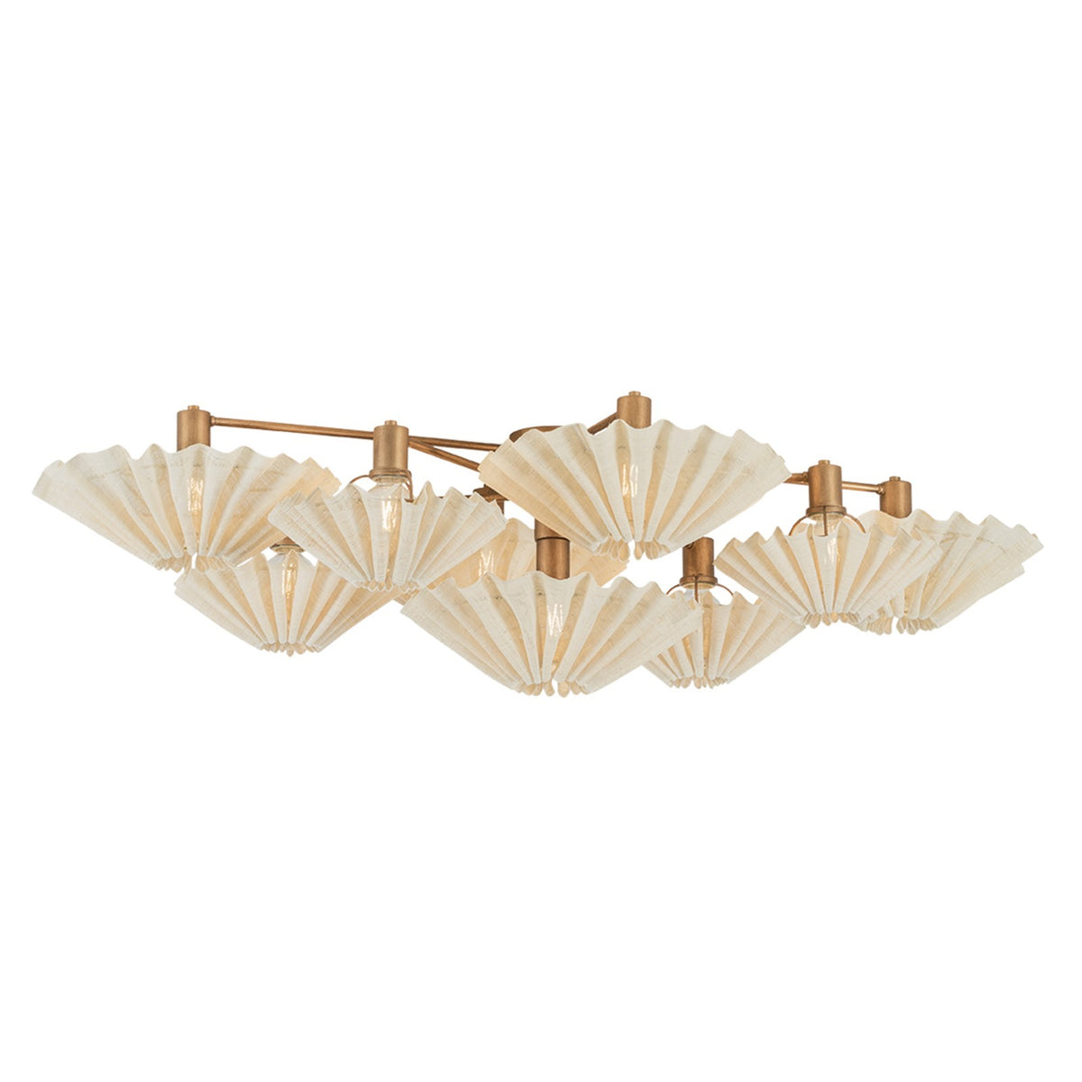 Corbett Lighting Tremblant 56in 10-Light Linear Pendant | Organic Patina Gold Leaf Iron and Saguran Woven Shades | Dining Room | Model 595-10-PGL