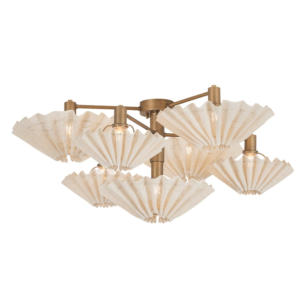Corbett Lighting Tremblant 54in 7-Light Semi-Flush | Organic Patina Gold Leaf and Saguran Natural Woven | Living Room & Dining | Model 595-58-PGL