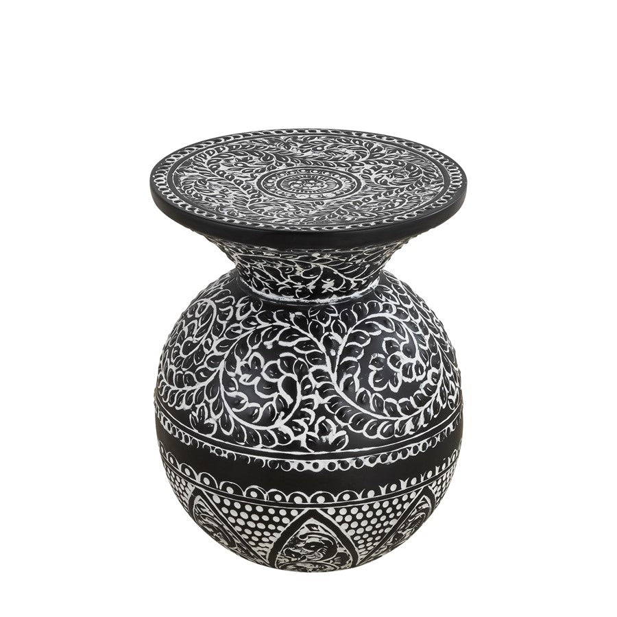 Canarm Navi 16in Round Side Table | Black Iron with White Antique Pattern | Living Room & Bedroom Accent | 16 x 16 x 20 in | Model 7521