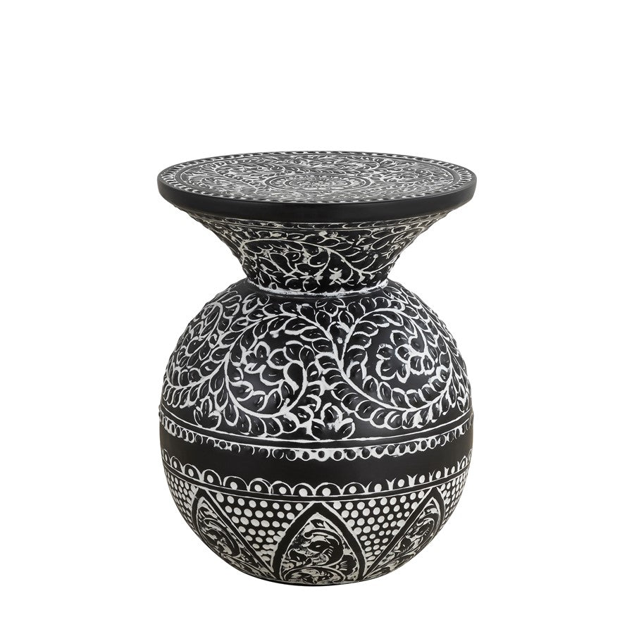 Canarm Navi 16in Round Side Table | Black Iron with White Antique Pattern | Living Room & Bedroom Accent | 16 x 16 x 20 in | Model 7521