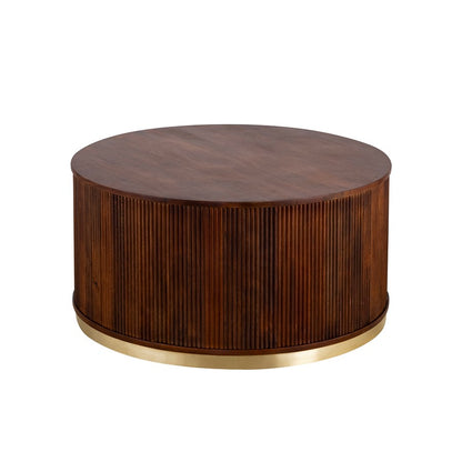 Canarm Delaney 36in Round Coffee Table | Mid-Century Medium Brown Mango Wood & Gold Trim | Living Room & Family Room | Model AF060124-06