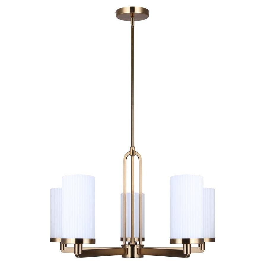 Canarm Kinslea 25in 5-Light Chandelier | Mid-Century Gold and Ribbed Opal Glass | Dining Room & Living Room | Model ICH1165A05GD