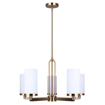 Canarm Kinslea 25in 5-Light Chandelier | Mid-Century Gold and Ribbed Opal Glass | Dining Room & Living Room | Model ICH1165A05GD