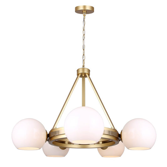 Canarm Monroe 30in 5-Light Chandelier | Mid-Century Gold and Opal Glass | Dining Room & Entryway | 30.25 x 30.25 x 20.25 in | Model ICH1169A05GDP9